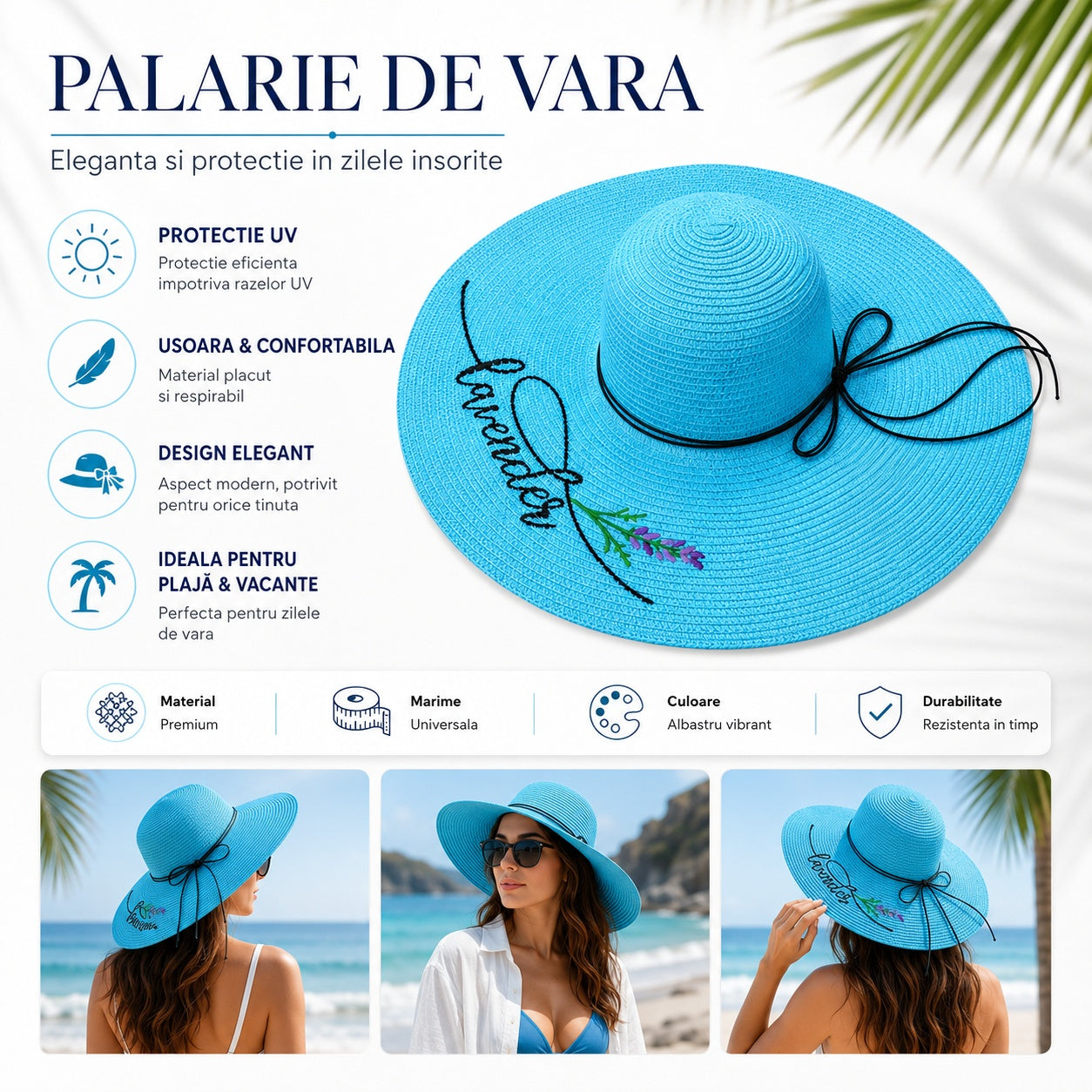 Palarie de vara albastra eleganta cu broderie decorativa pentru plaja si vacante