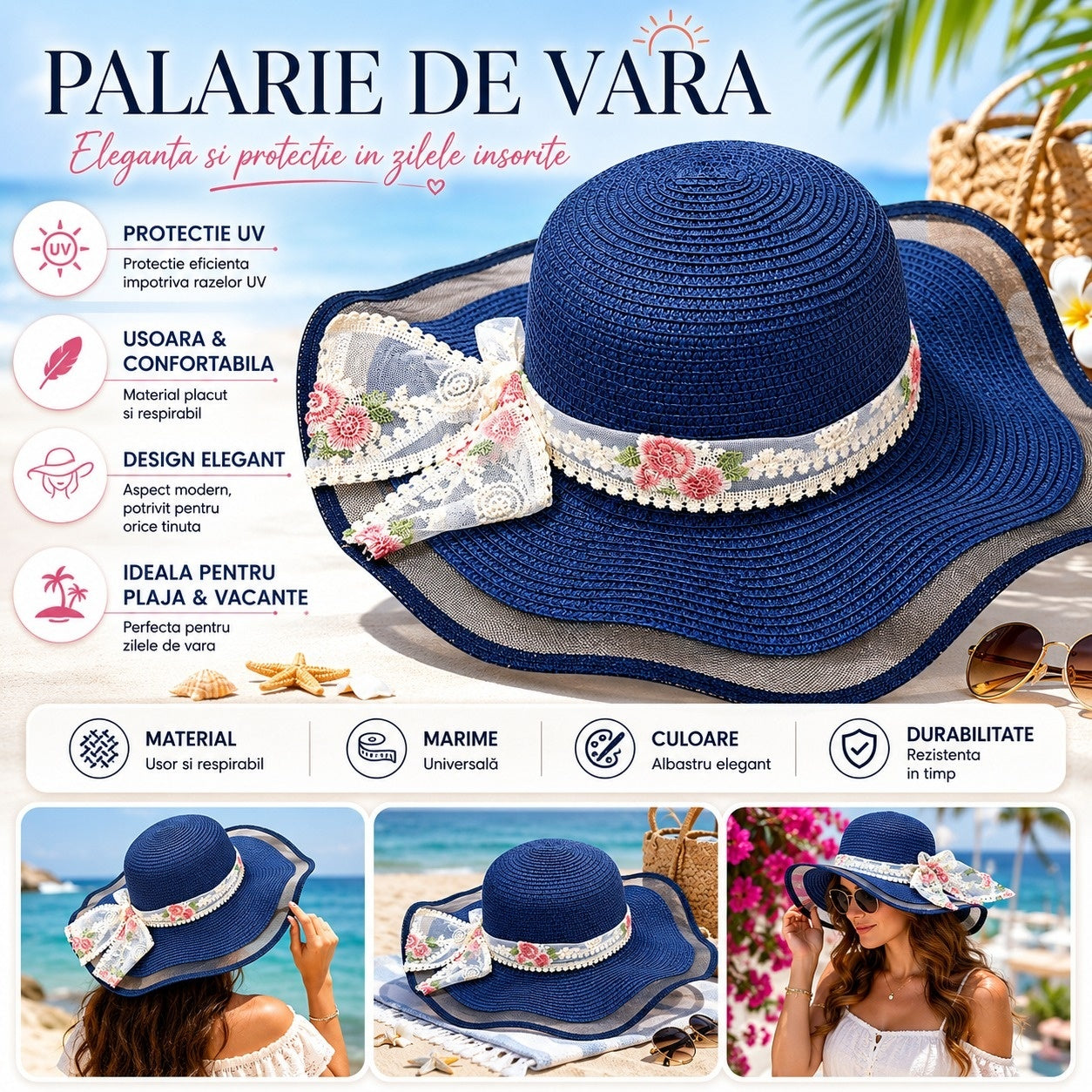 Palarie de Vara Albastru Navy pentru Femei cu Fundita Florala si Bor Ondulat