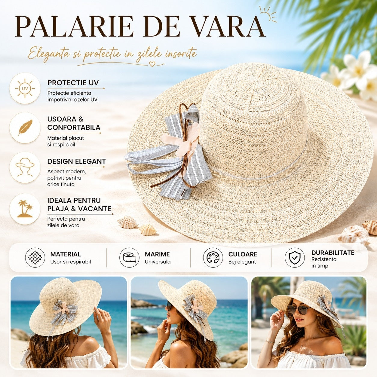 Palarie de Vara Bej cu Bor Larg si Fundita Decorativa pentru Femei Elegante