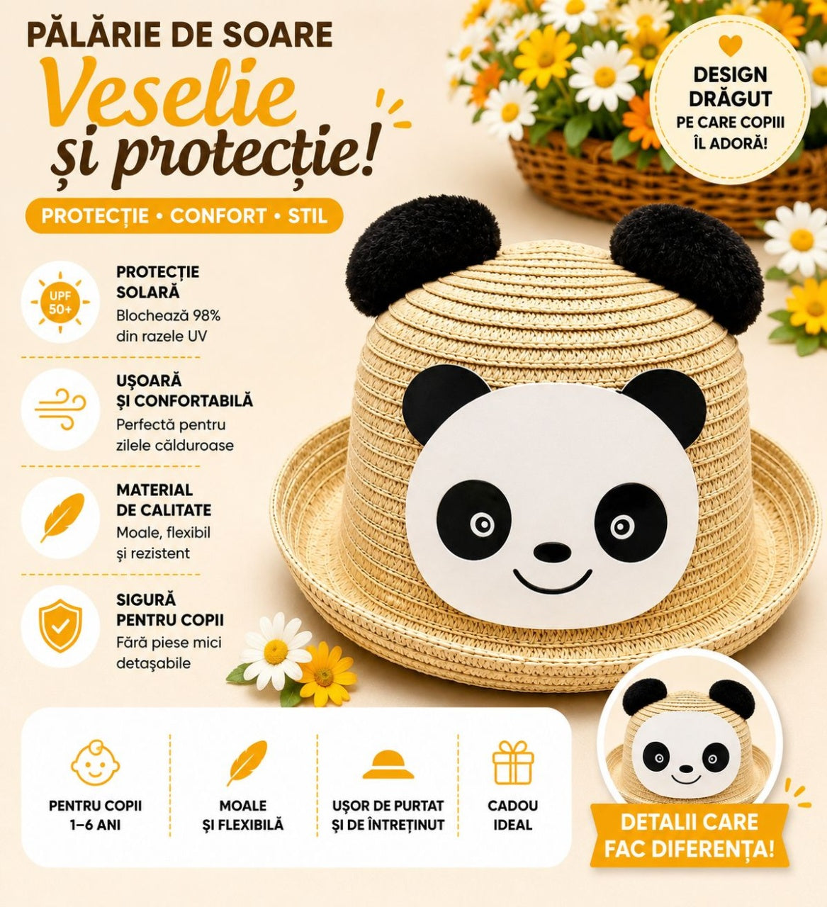 Palarie de Vara Bej cu Panda pentru Copii, Protectie UV si Design Adorabil