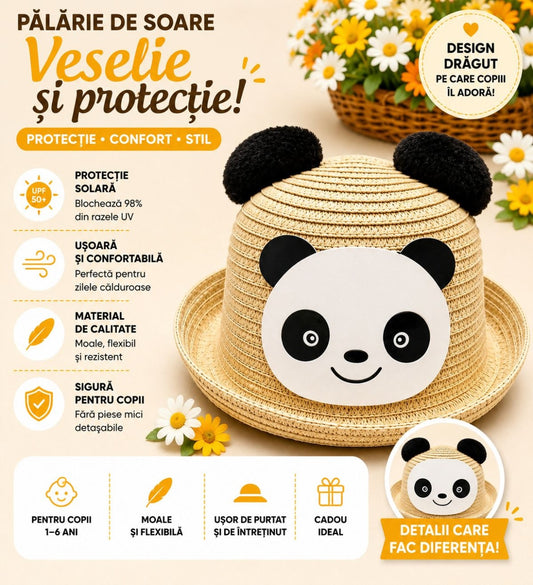Palarie de Vara Bej cu Panda pentru Copii, Protectie UV si Design Adorabil