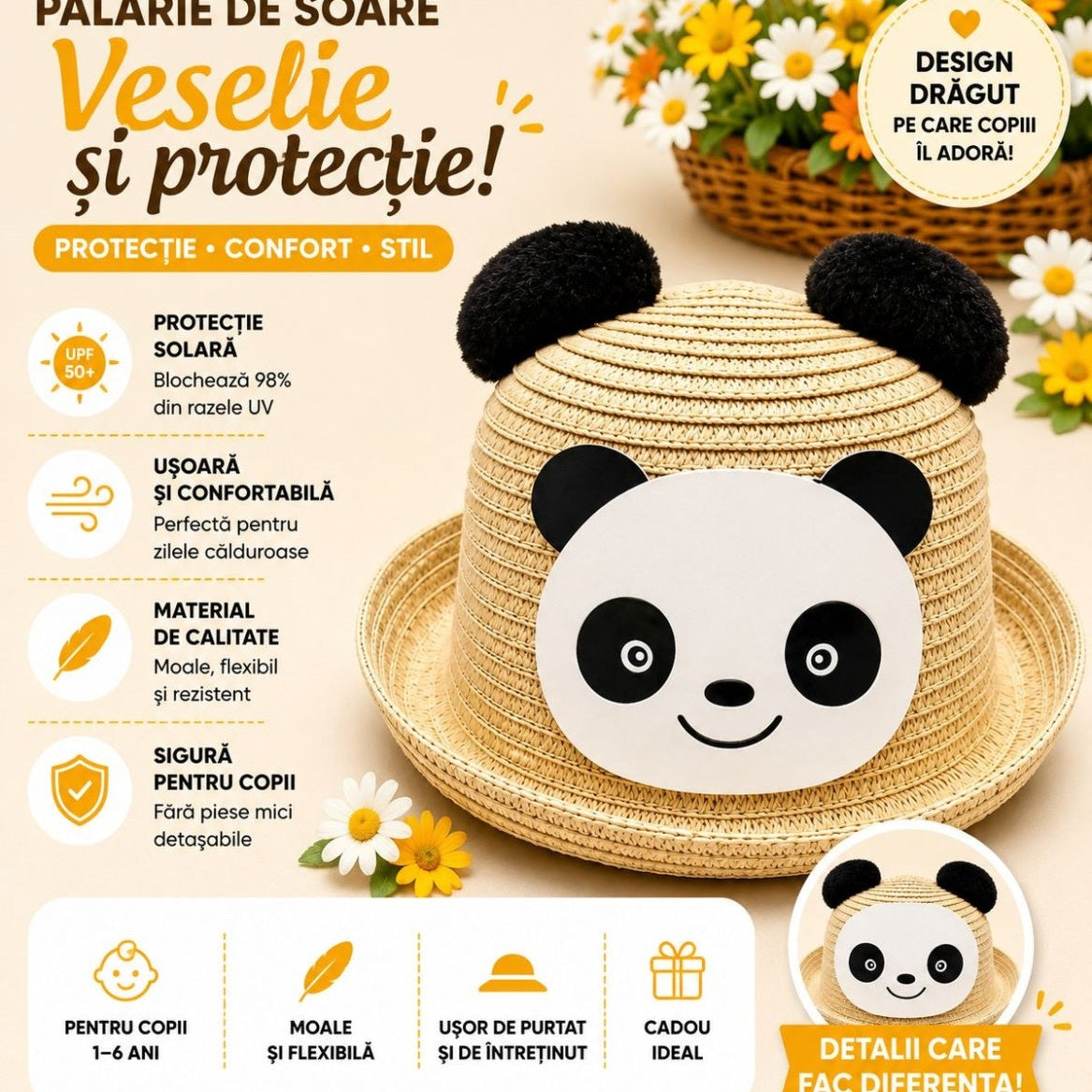 Palarie de Vara Bej cu Panda pentru Copii, Protectie UV si Design Adorabil