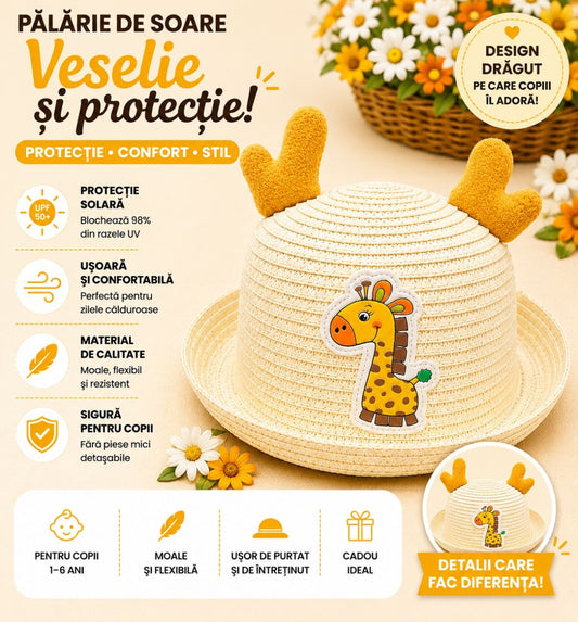 Palarie de Vara Bej Deschis pentru Copii cu Girafa, Protectie UV si Design Vesel