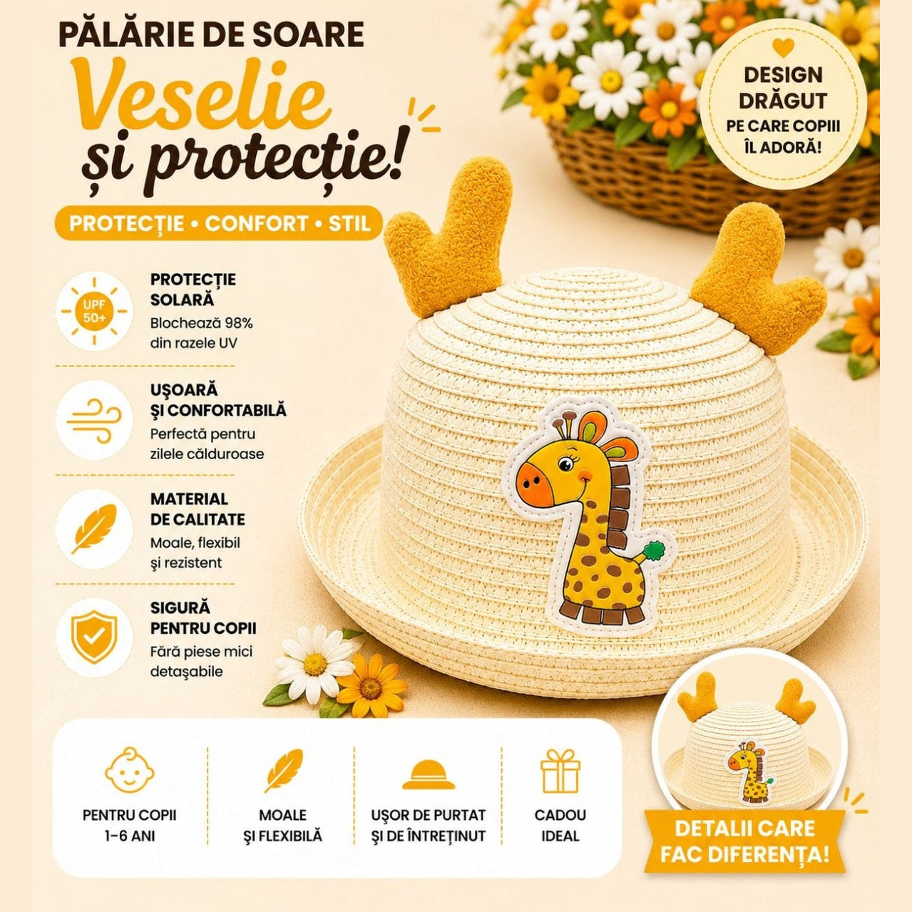Palarie de Vara Bej Deschis pentru Copii cu Girafa, Protectie UV si Design Vesel