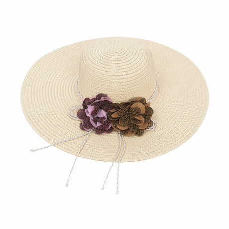 Palarie de Vara Bej pentru Femei cu Aplicatii Florale Elegante si Bor Larg