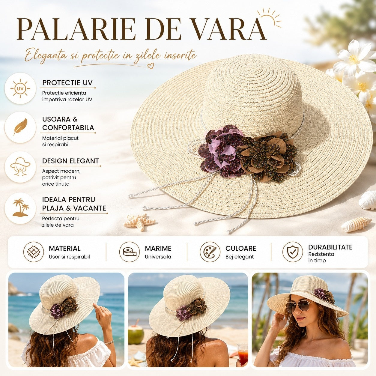 Palarie de Vara Bej pentru Femei cu Aplicatii Florale Elegante si Bor Larg