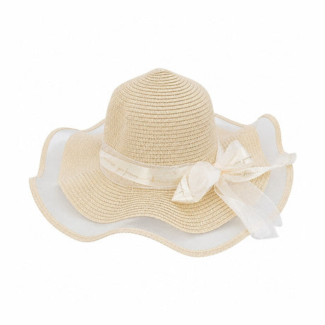 Palarie de Vara Bej pentru Femei, cu Bor Ondulat, Fundita Eleganta si Protectie UV