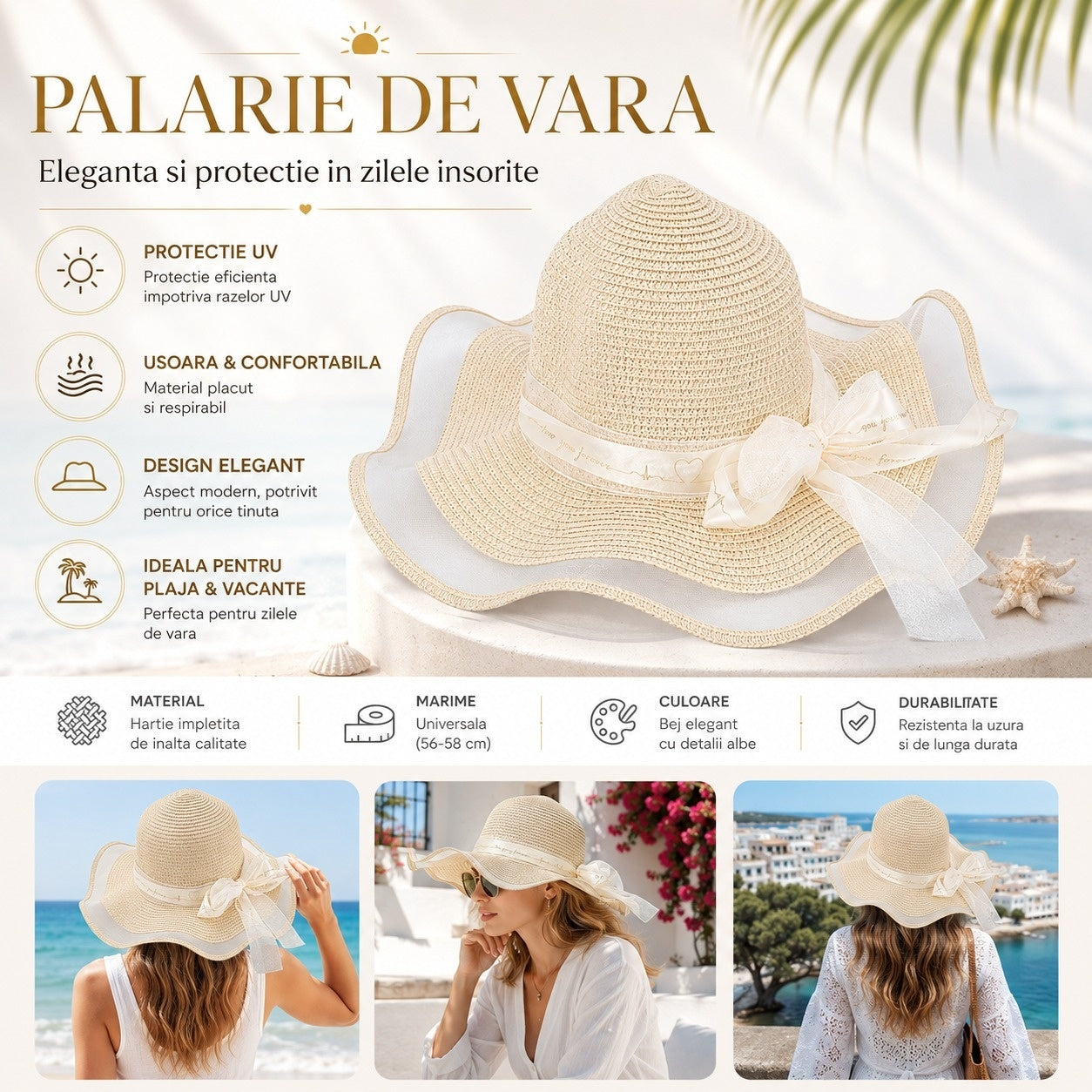 Palarie de Vara Bej pentru Femei, cu Bor Ondulat, Fundita Eleganta si Protectie UV