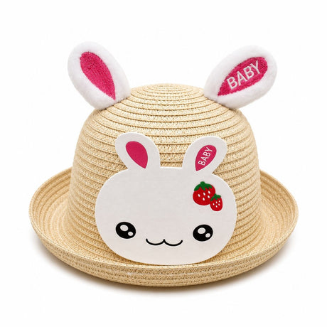 Palarie de Vara Crem cu Iepuras Roz pentru Copii, Protectie UV si Design Adorabil