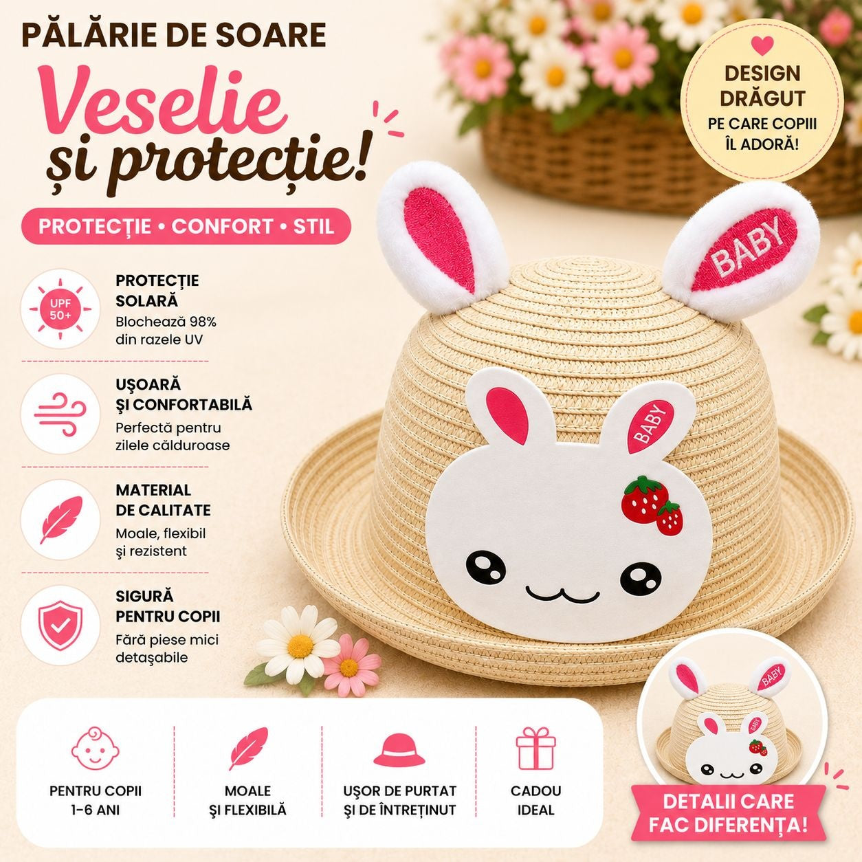 Palarie de Vara Crem cu Iepuras Roz pentru Copii, Protectie UV si Design Adorabil