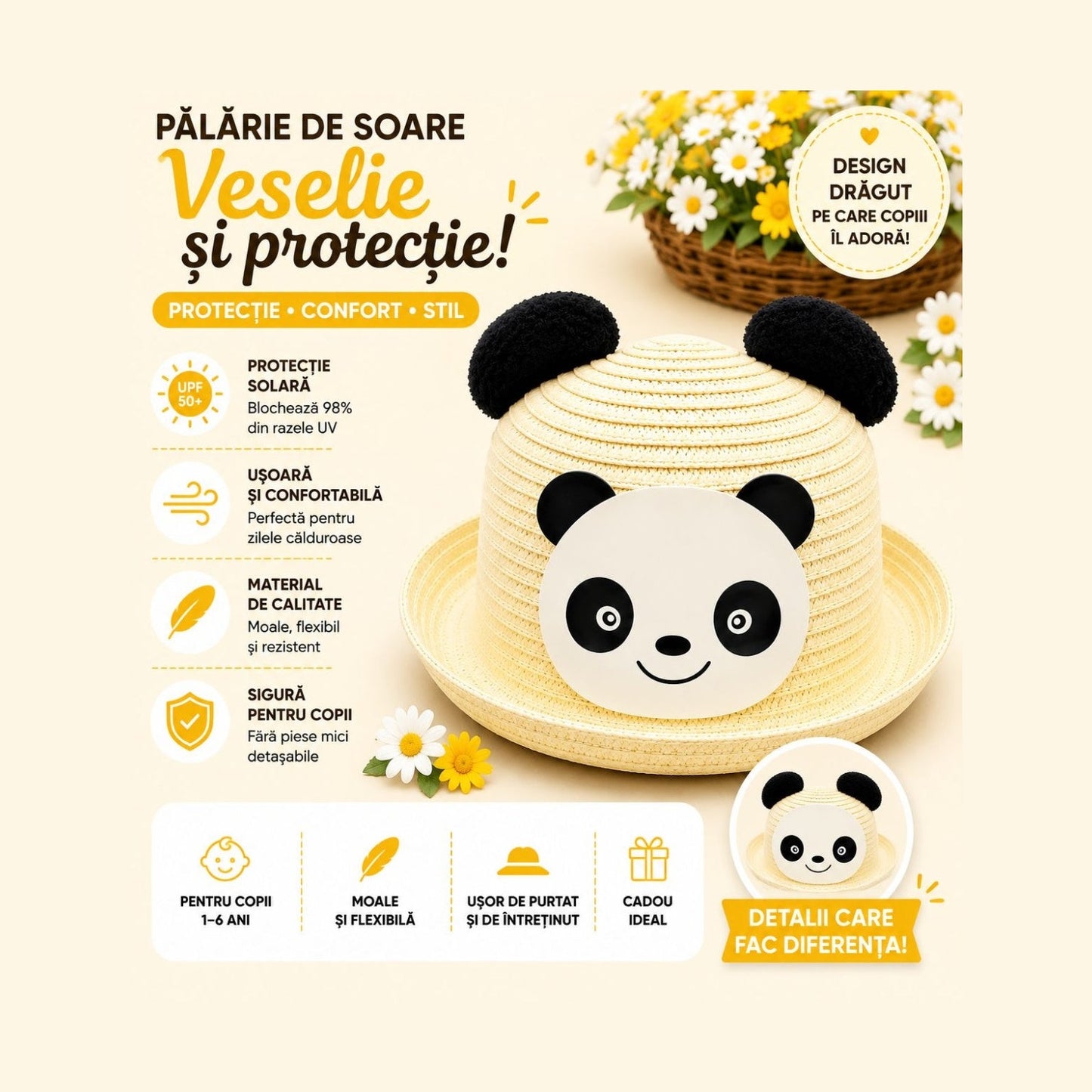 Palarie de Vara Crem cu Panda pentru Copii, Protectie UV si Design Jucaus