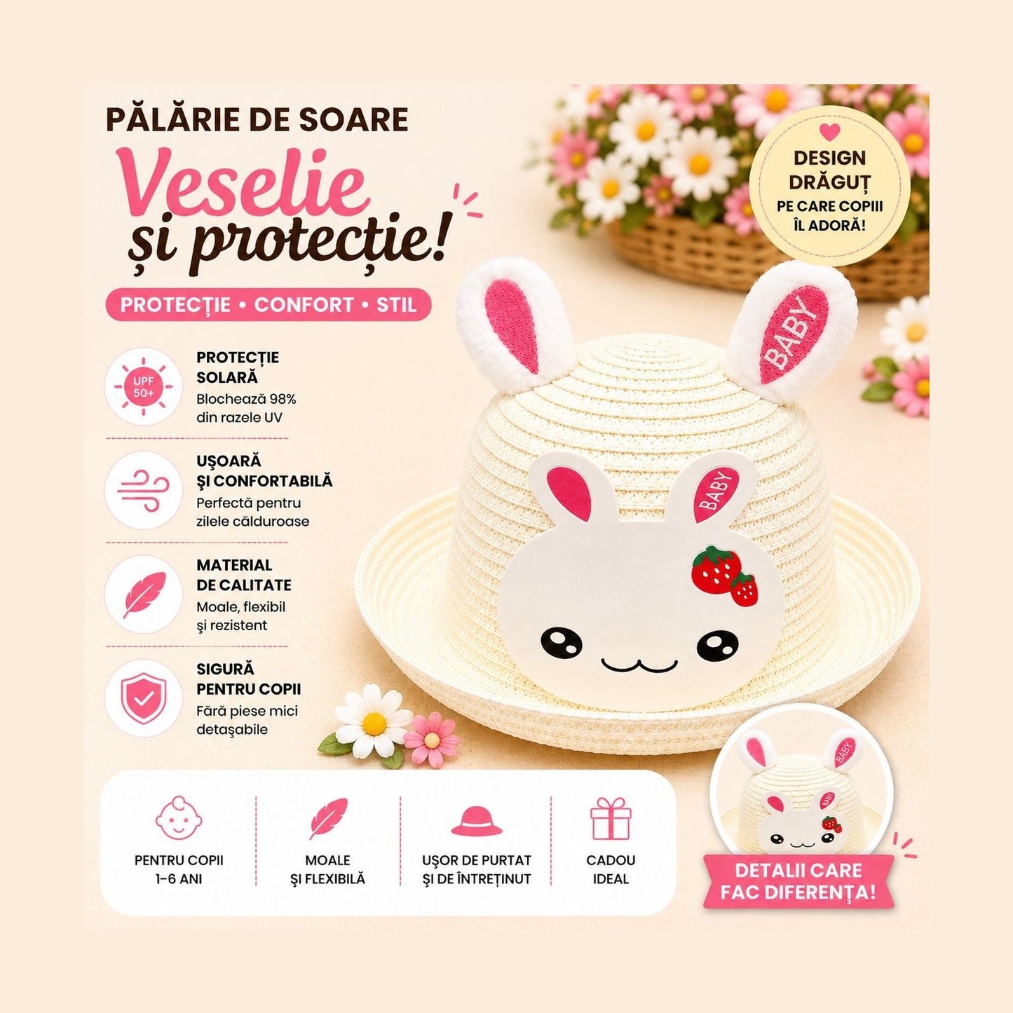 Palarie de Vara Crem Deschis cu Iepuras Roz pentru Copii, Protectie UV si Design Dragut