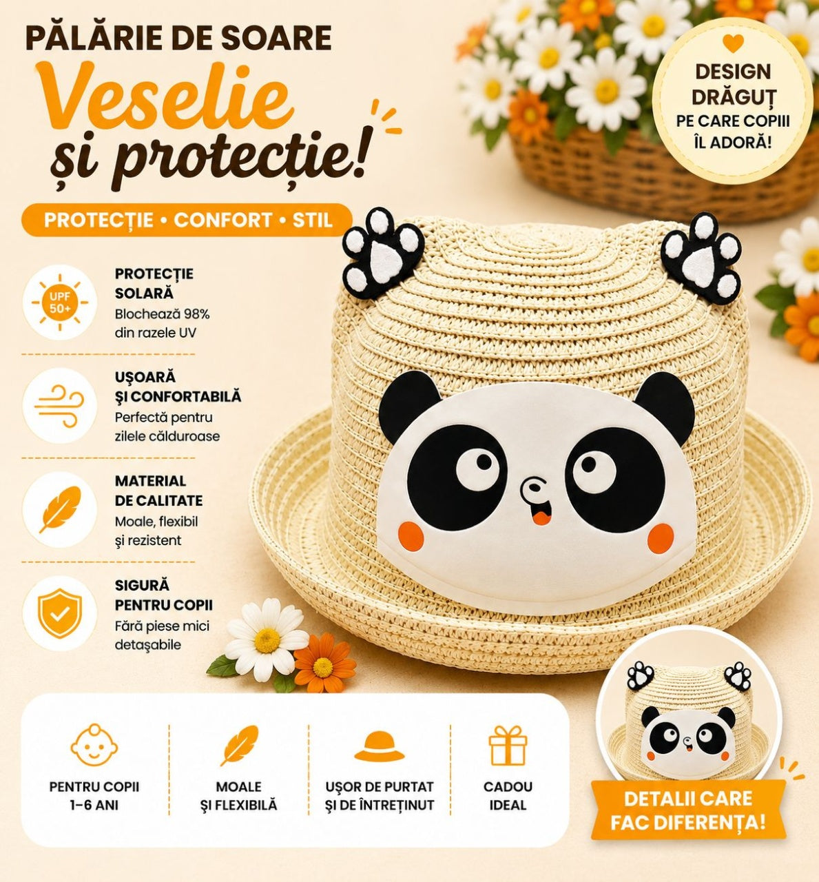 Palarie de Vara Crem Deschis cu Panda pentru Copii, Protectie UV si Design Vesel