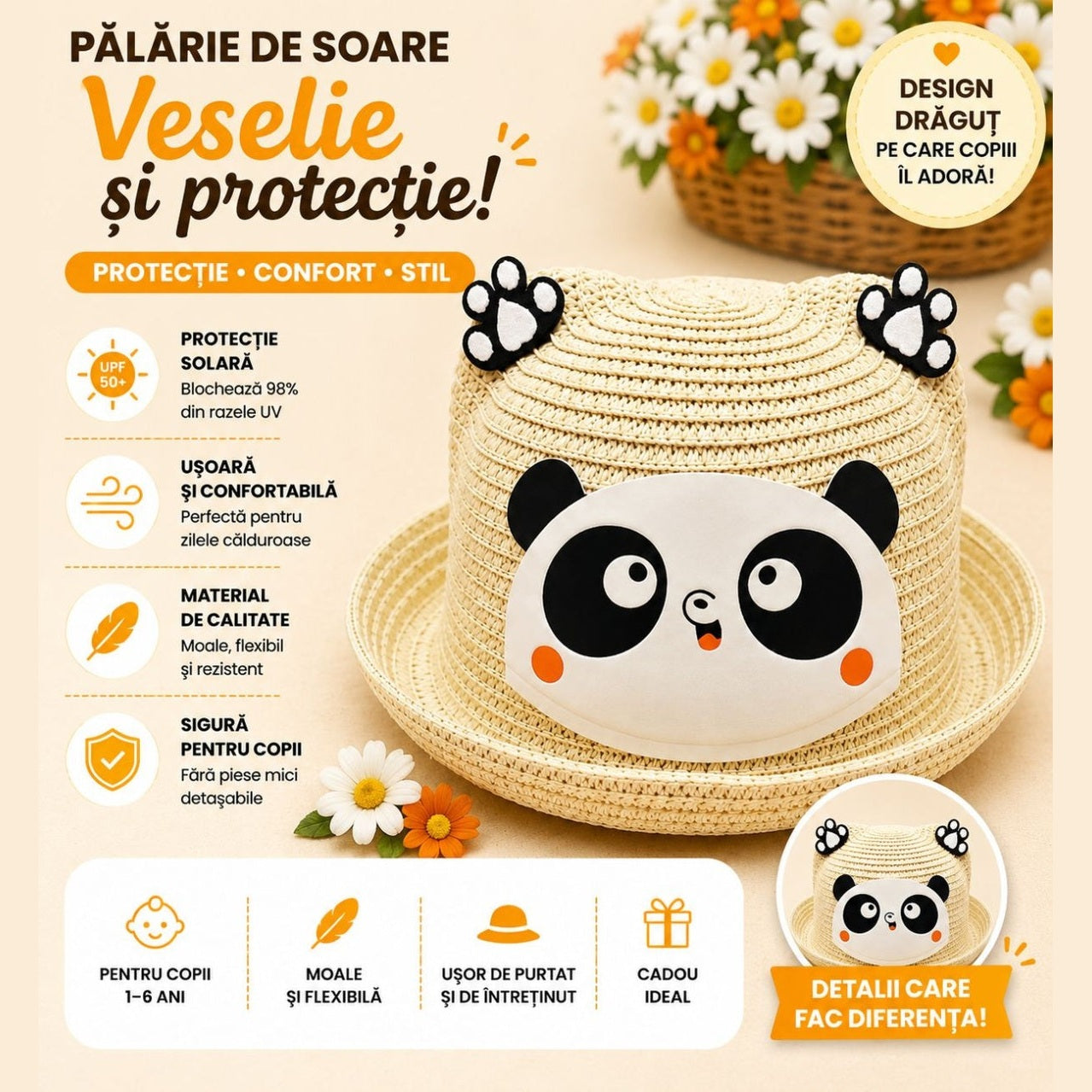 Palarie de Vara Crem Deschis cu Panda pentru Copii, Protectie UV si Design Vesel