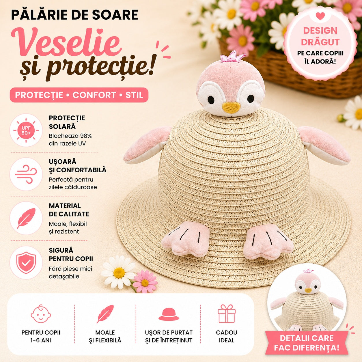 Palarie de Vara Crem pentru Copii, cu Design Pinguin Roz si Protectie UV