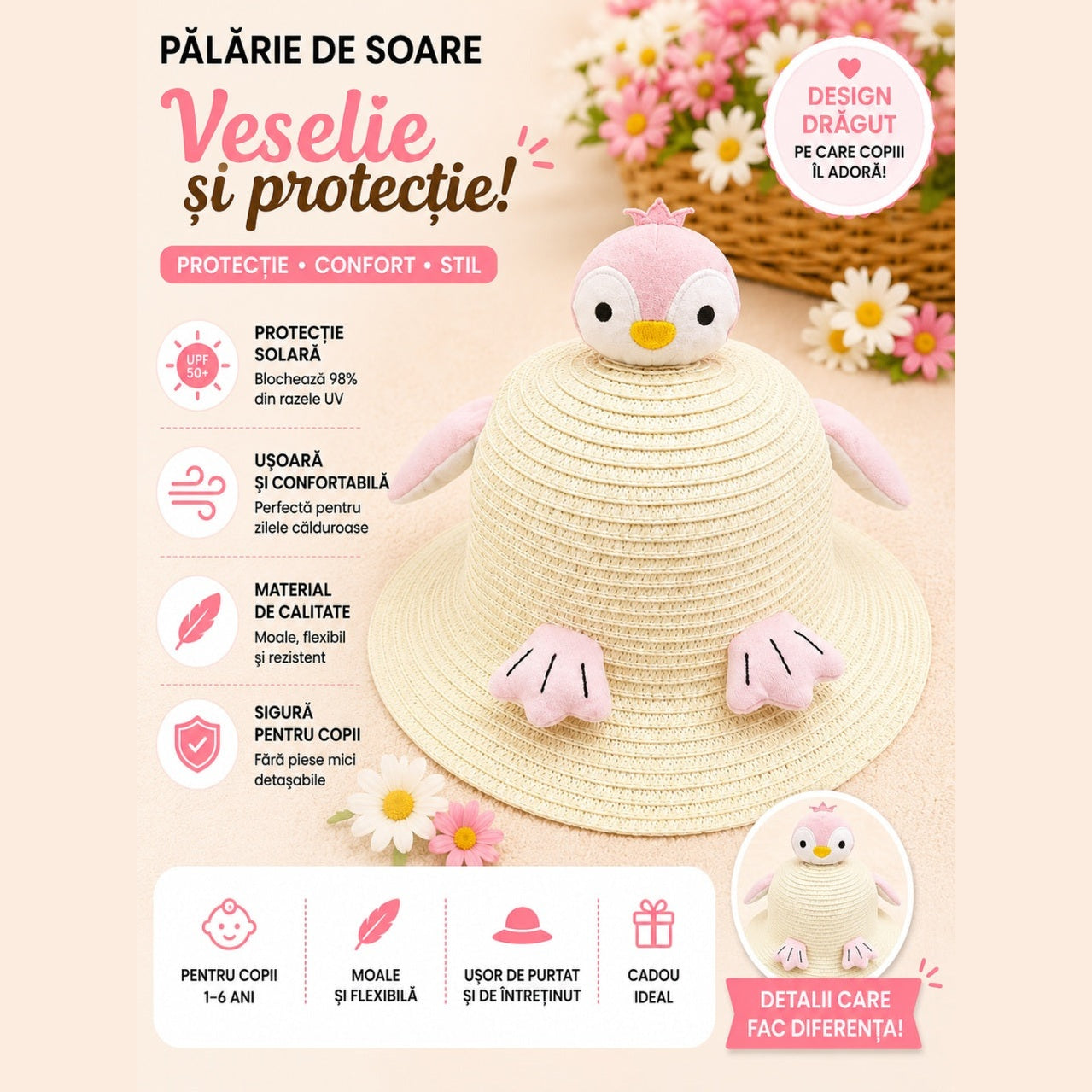 Palarie de Vara Crem pentru Copii, cu Design Pinguin si Protectie UV