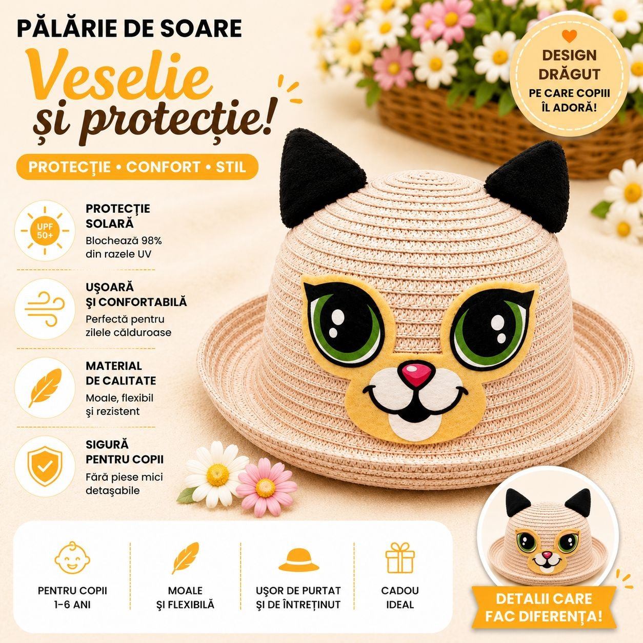 Palarie de Vara Crem pentru Copii, cu Design Pisicuta si Protectie UV