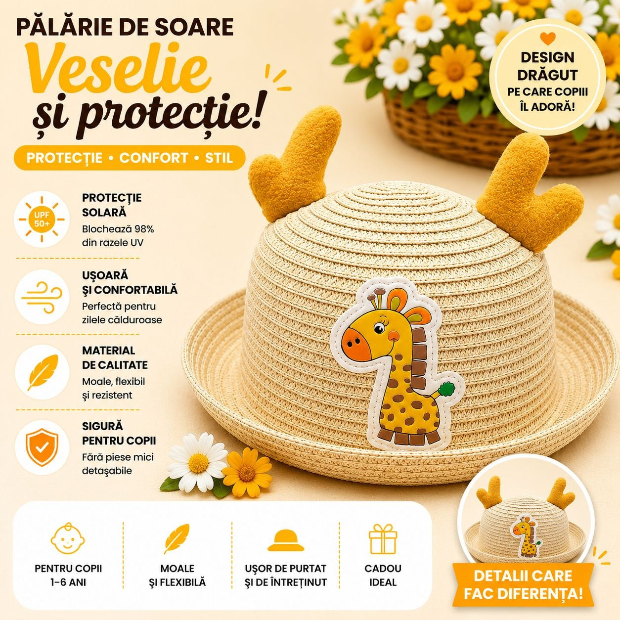 Palarie de Vara Crem pentru Copii cu Girafa Galbena, Protectie UV si Design Adorabil