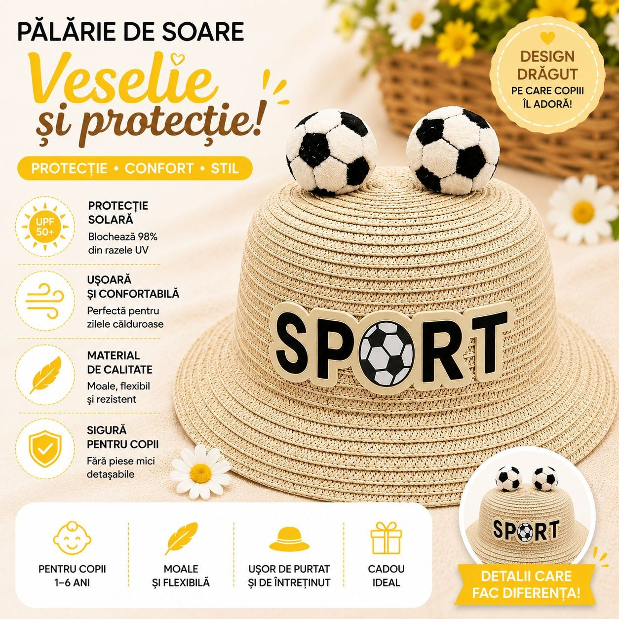 Palarie de Vara Crem Sport pentru Copii, cu Design Minge Fotbal si Protectie UV