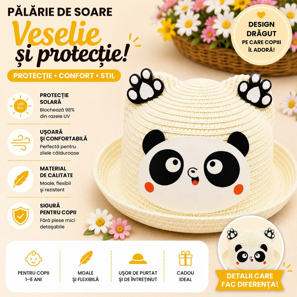 Palarie de Vara Crem Vanilie cu Panda pentru Copii, Protectie UV si Design Dragut
