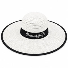 Palarie de vara dama alba cu banda neagra si protectie UV pentru plaja