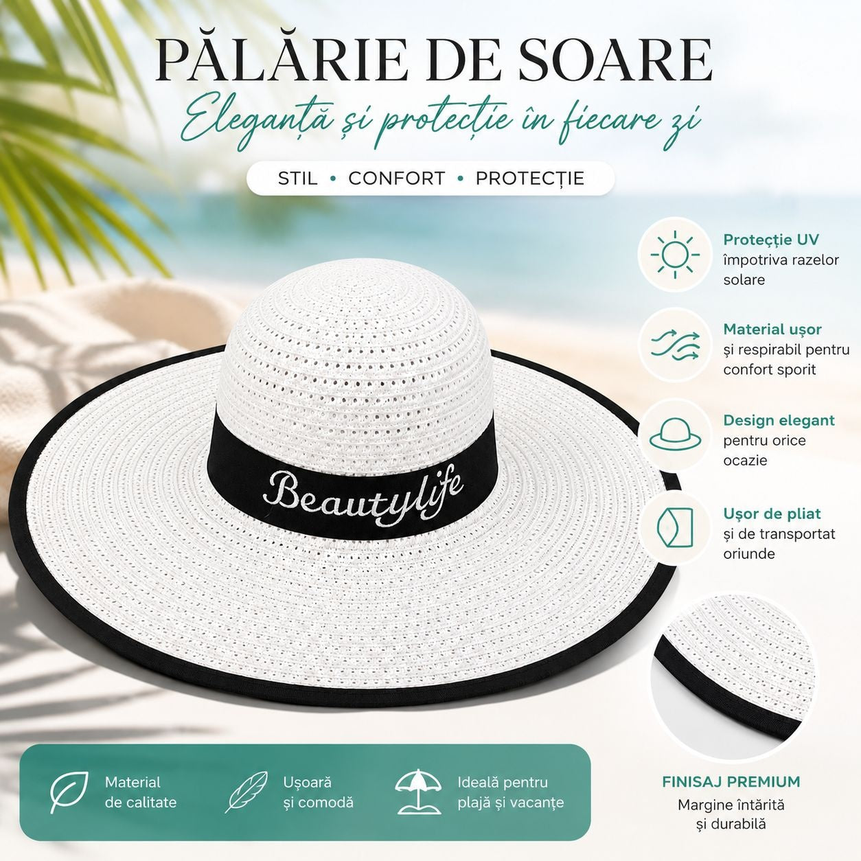 Palarie de vara dama alba cu banda neagra si protectie UV pentru plaja