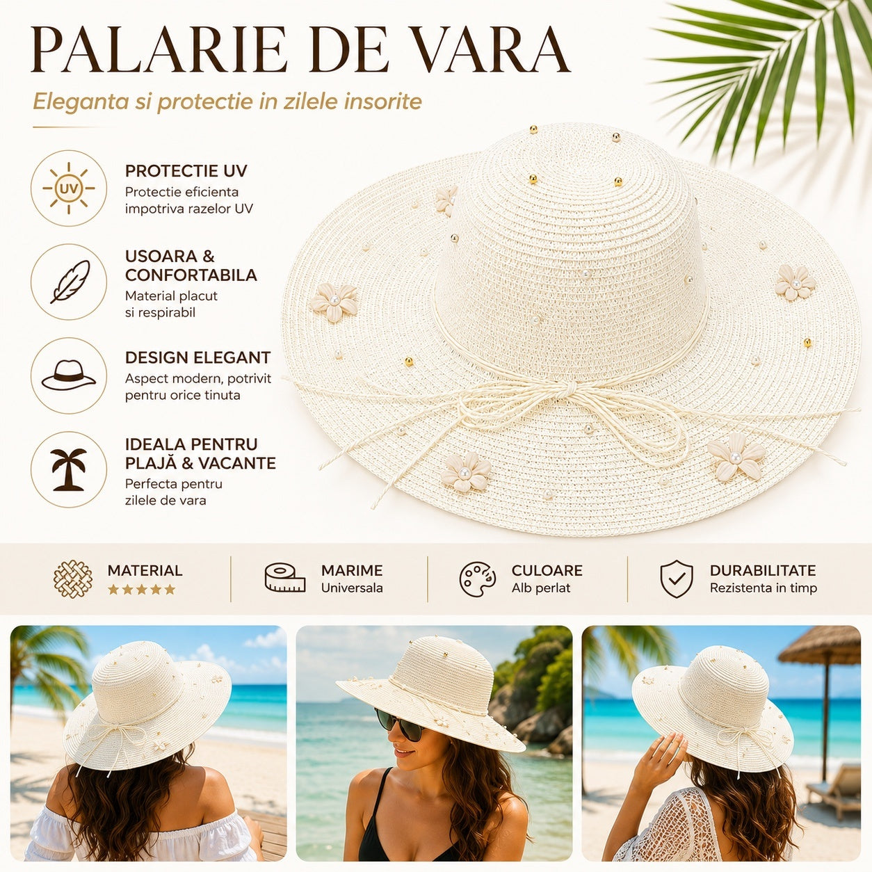 Palarie de vara dama alba cu flori decorative si perlute elegante pentru plaja si vacanta