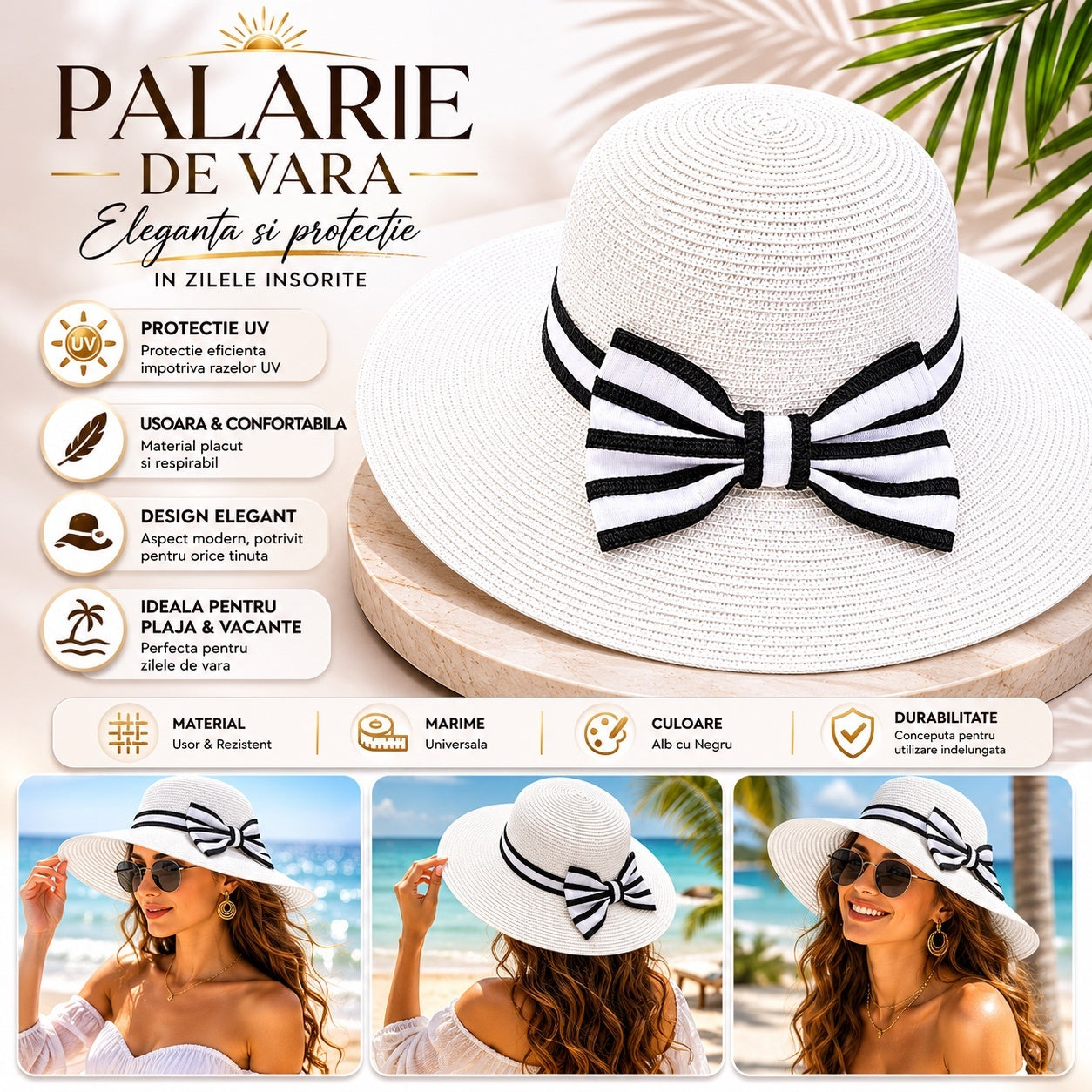 Palarie de vara dama alba cu funda eleganta in contrast pentru plaja si protectie UV