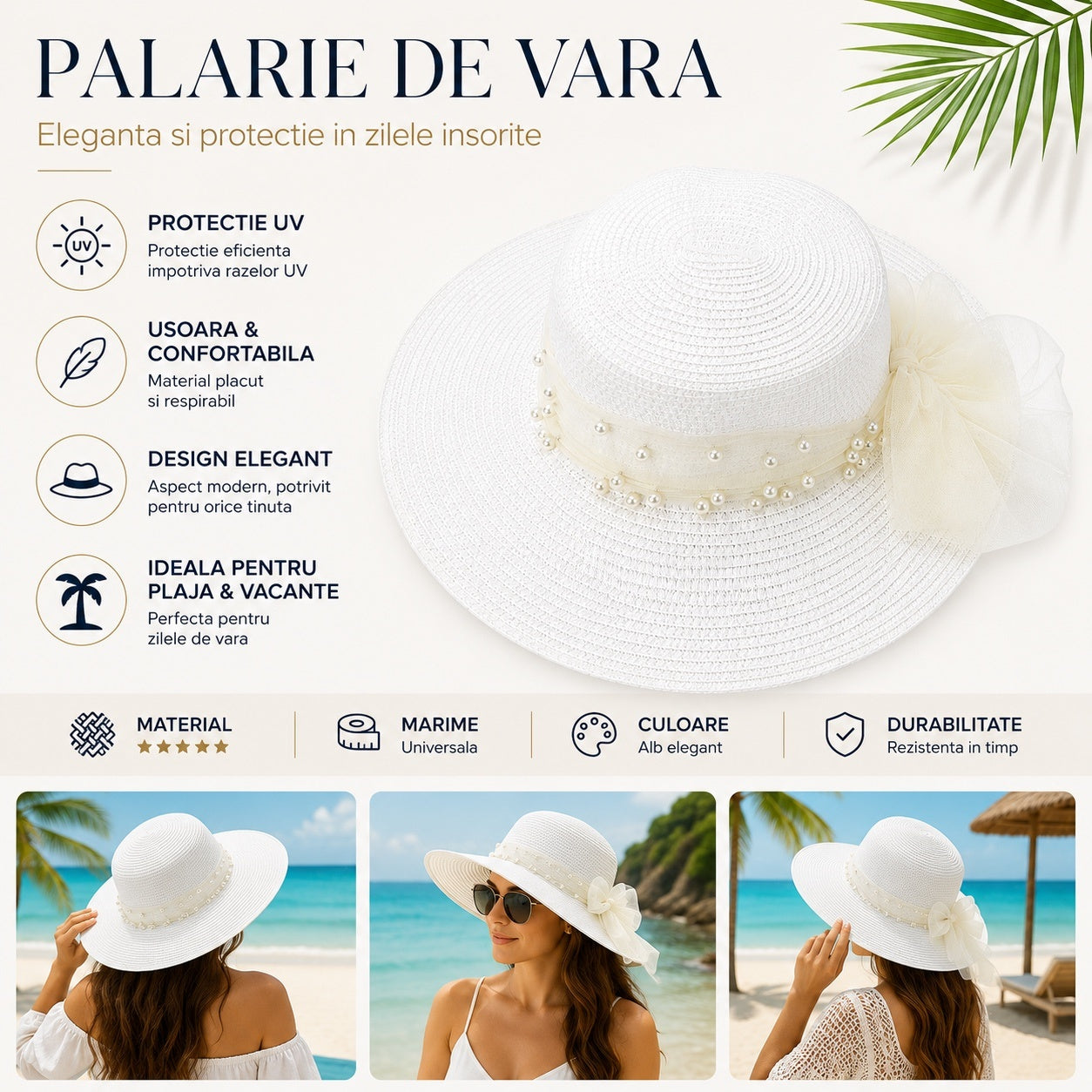 Palarie de vara dama alba eleganta cu perle decorative si funda pentru plaja si vacanta