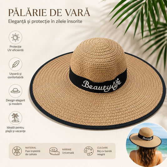 Palarie de vara dama bej cu banda neagra si protectie UV pentru plaja