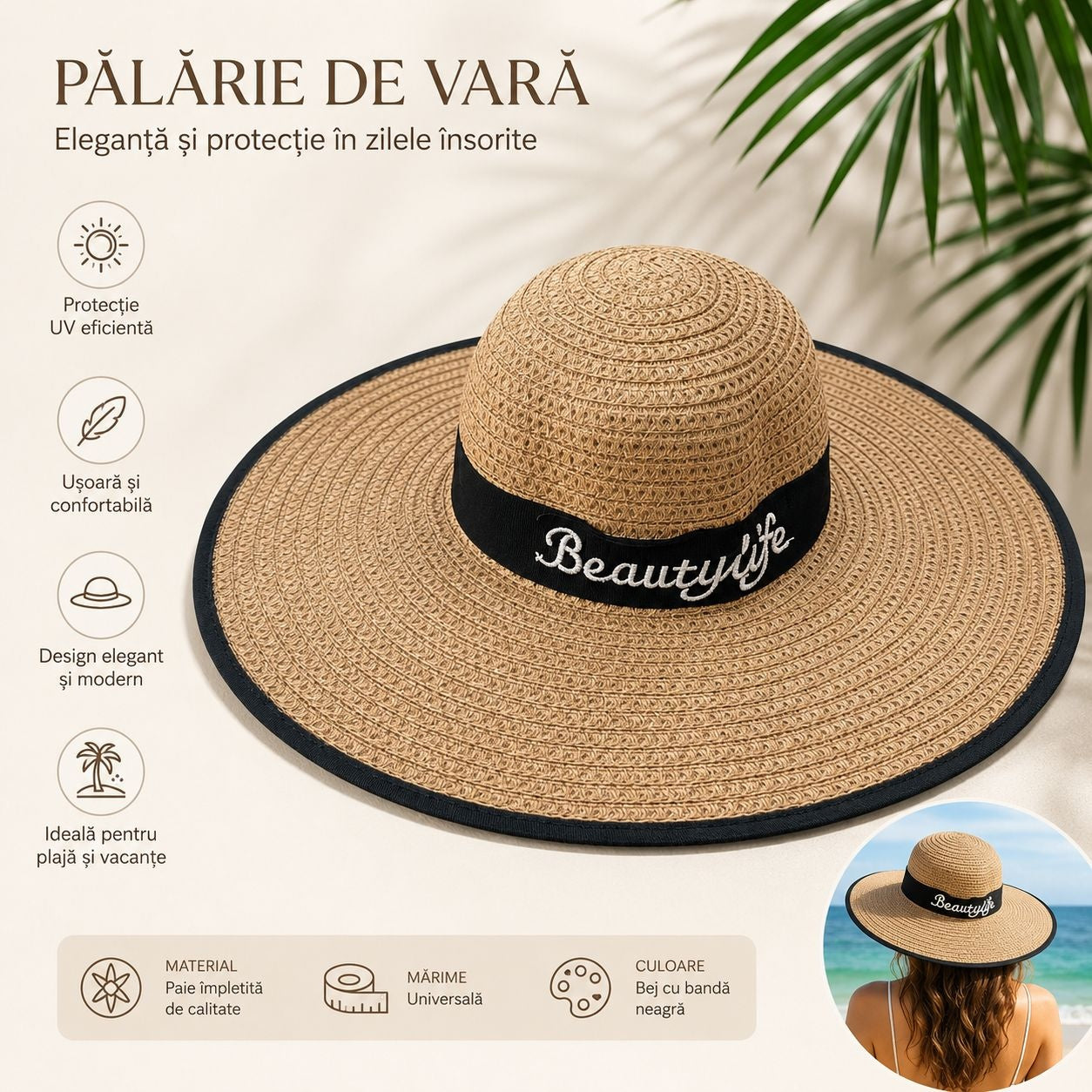 Palarie de vara dama bej cu banda neagra si protectie UV pentru plaja