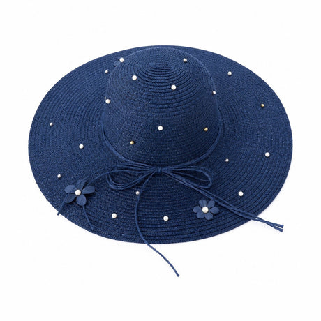 Palarie de vara dama bleumarin cu perle decorative si protectie UV pentru plaja