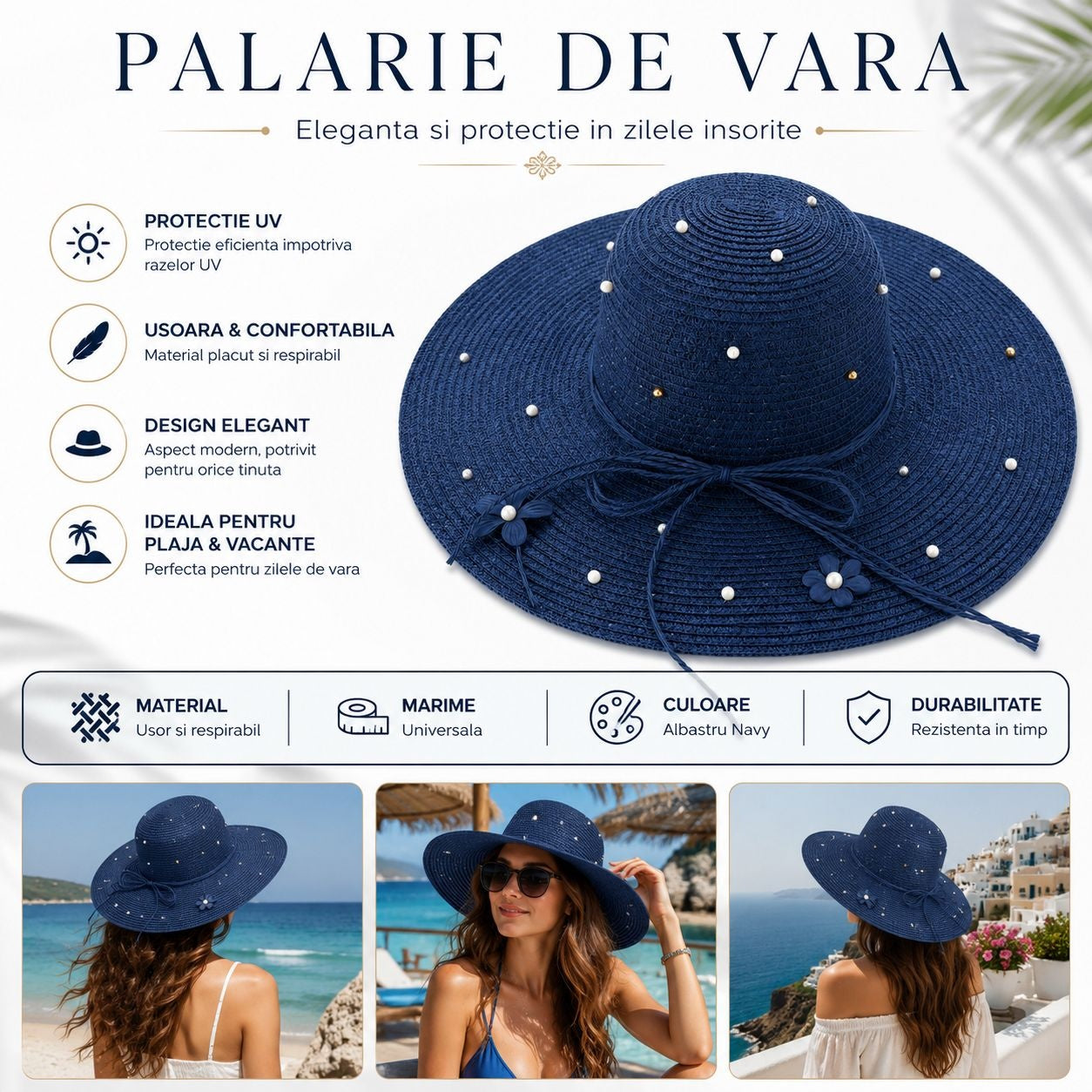 Palarie de vara dama bleumarin cu perle decorative si protectie UV pentru plaja