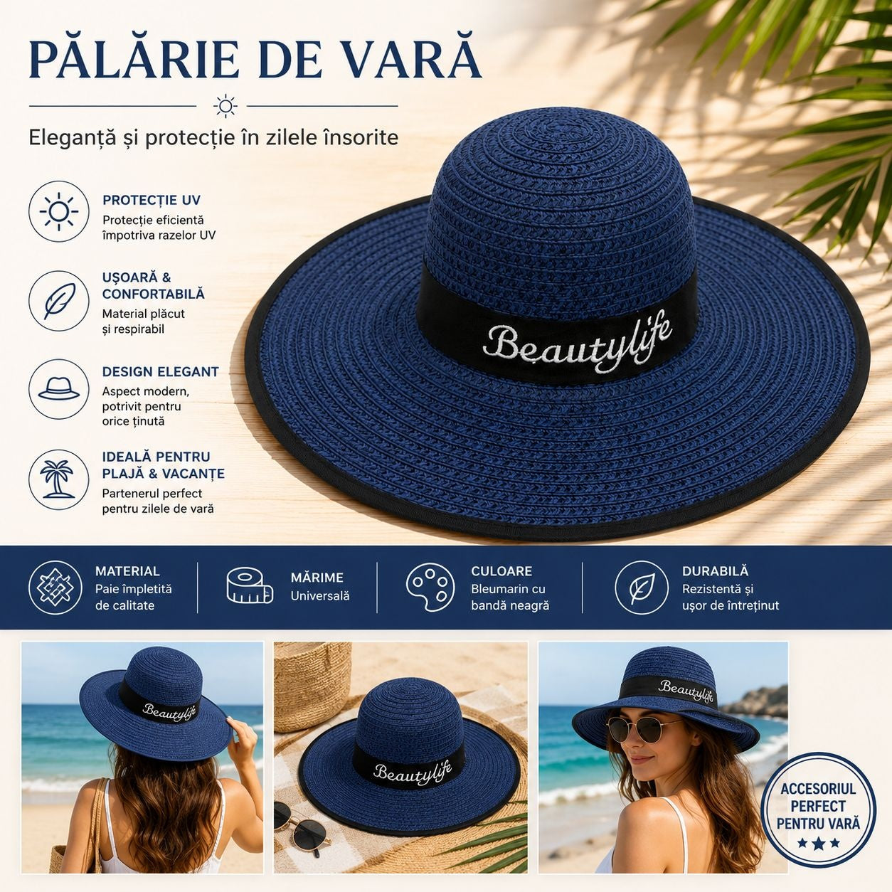 Palarie de vara dama bleumarin cu protectie UV si banda decorativa eleganta