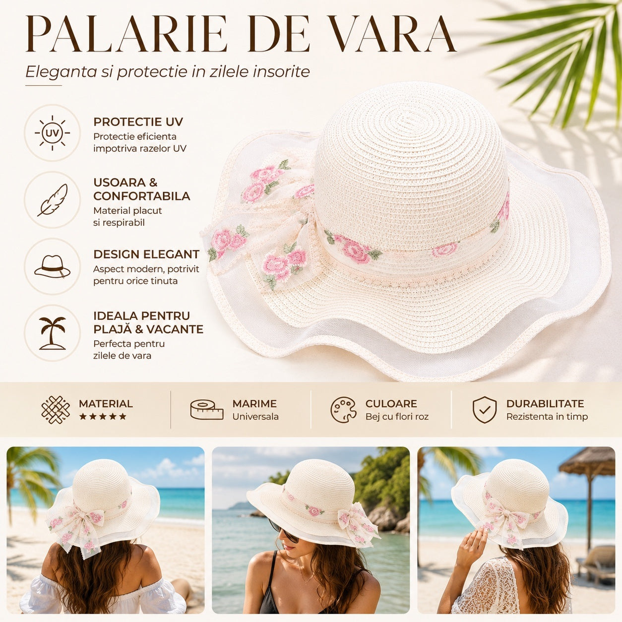 Palarie de vara dama crem cu funda florala eleganta si protectie UV pentru plaja