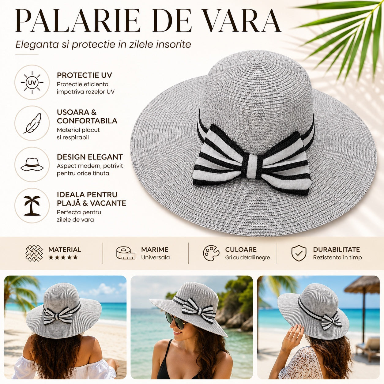 Palarie de vara dama gri cu funda eleganta in dungi si protectie UV pentru plaja