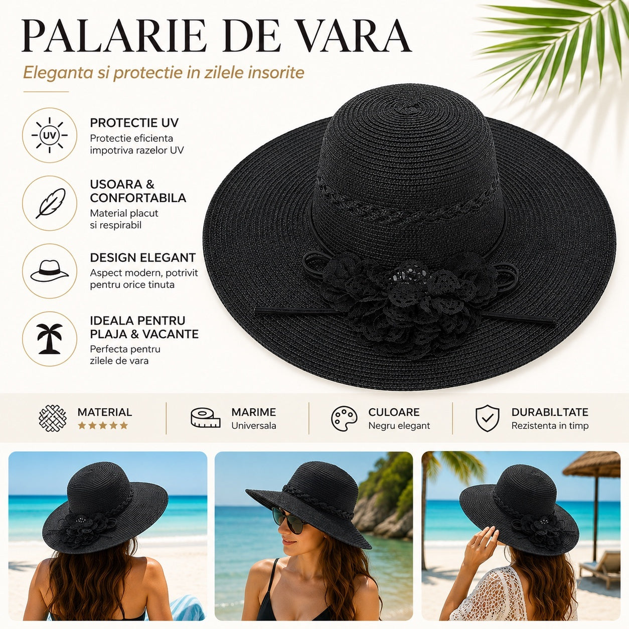 Palarie de vara dama neagra eleganta cu floare decorativa si protectie UV pentru plaja
