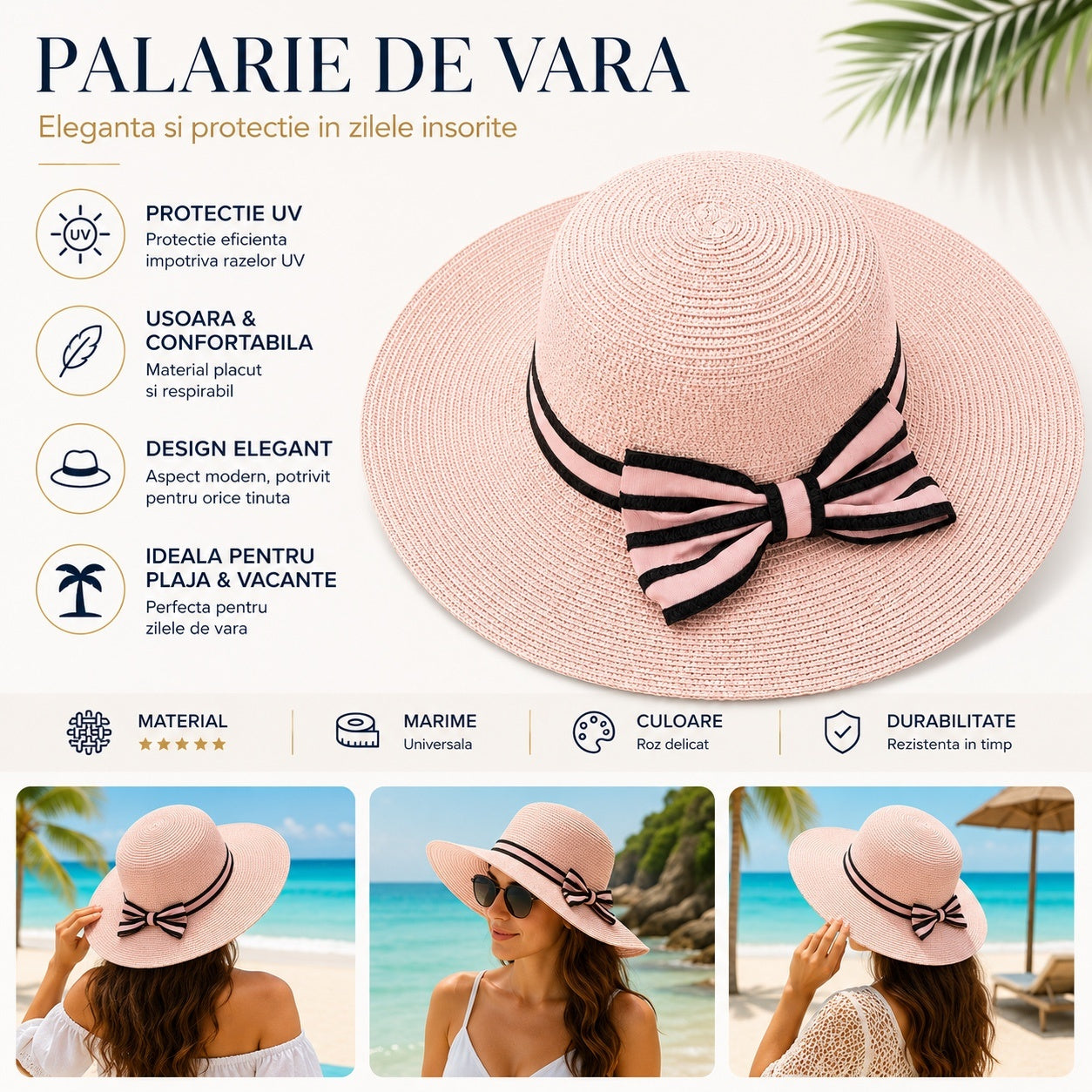 Palarie de vara dama roz cu funda eleganta pentru plaja, vacanta si protectie solara
