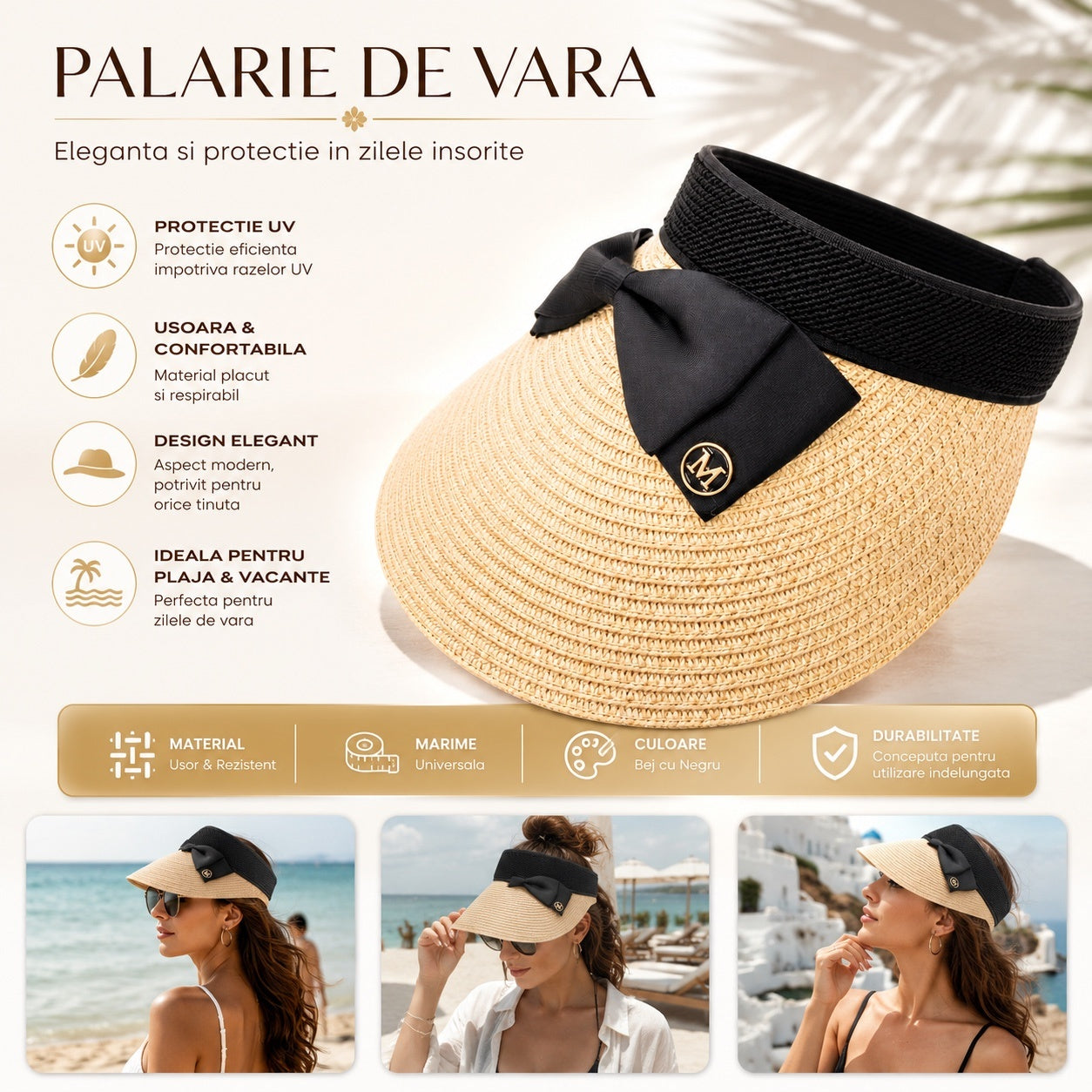 Palarie de vara dama tip viziera bej cu funda neagra pentru plaja si protectie UV