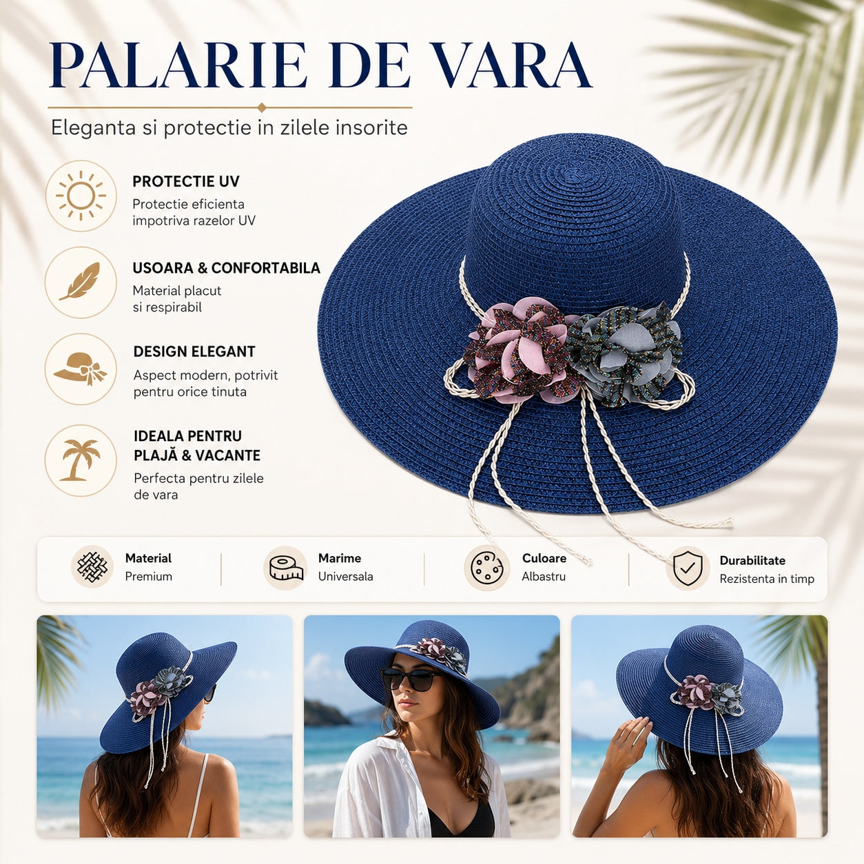 Palarie de vara eleganta albastra cu flori decorative pentru plaja si vacante