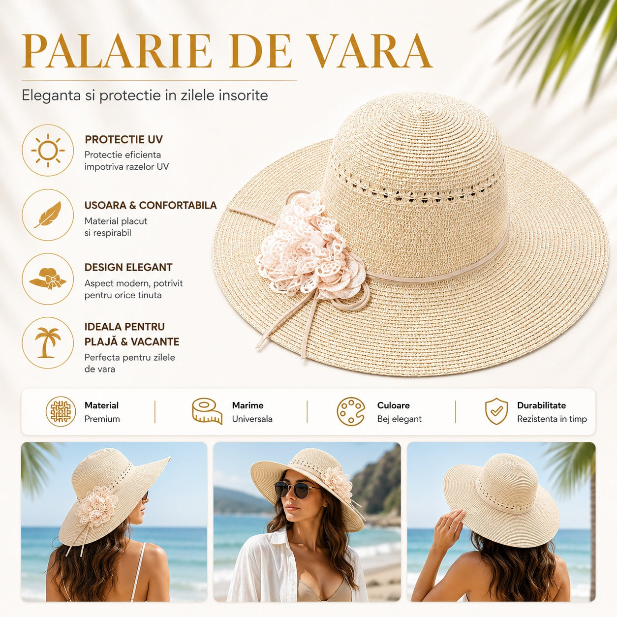 Palarie de vara eleganta bej cu floare decorativa pentru plaja si vacante