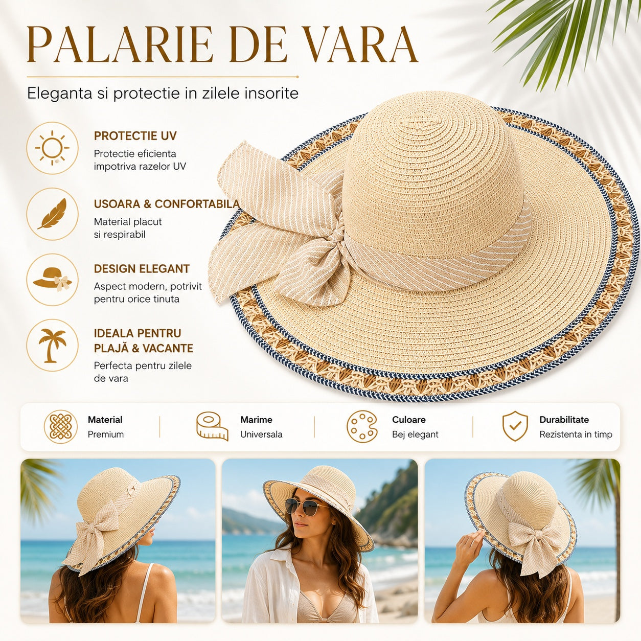 Palarie de vara eleganta bej cu funda decorativa pentru plaja si vacante