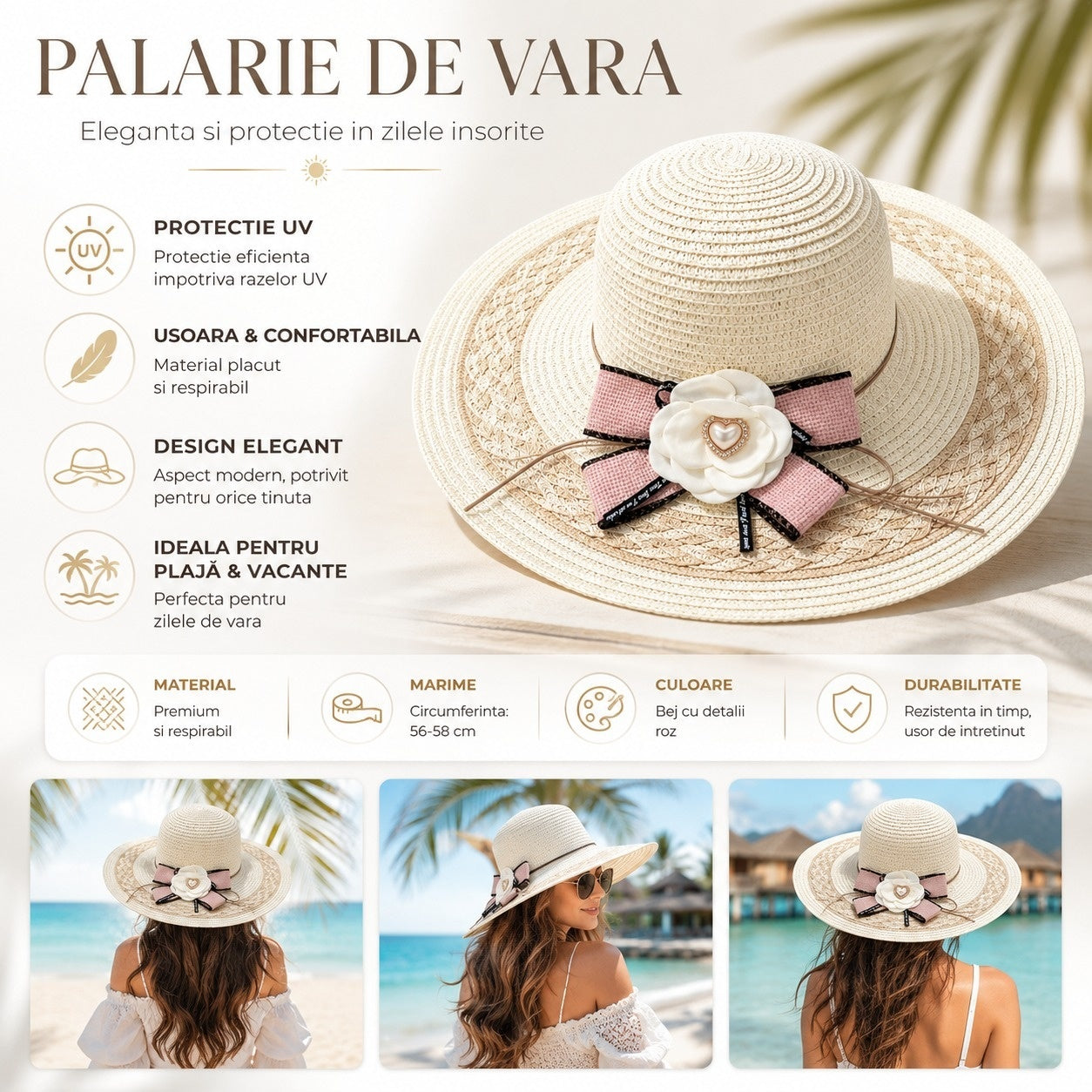 Palarie de Vara Eleganta pentru Femei, Bej cu Floare Decorativa si Fundita Roz