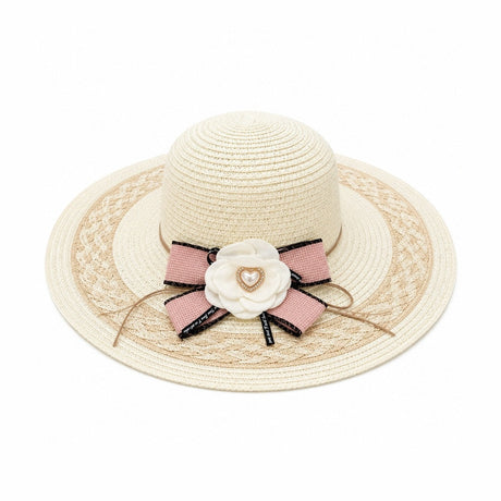 Palarie de Vara Eleganta pentru Femei, Bej cu Floare Decorativa si Fundita Roz