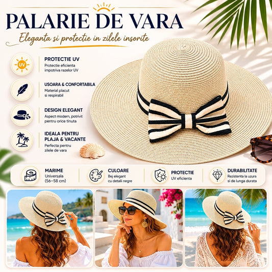 Palarie de Vara Eleganta pentru Femei, Bej cu Fundita Neagra si Bor Lat