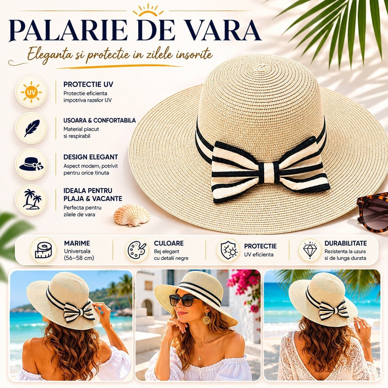 Palarie de Vara Eleganta pentru Femei, Bej cu Fundita Neagra si Bor Lat