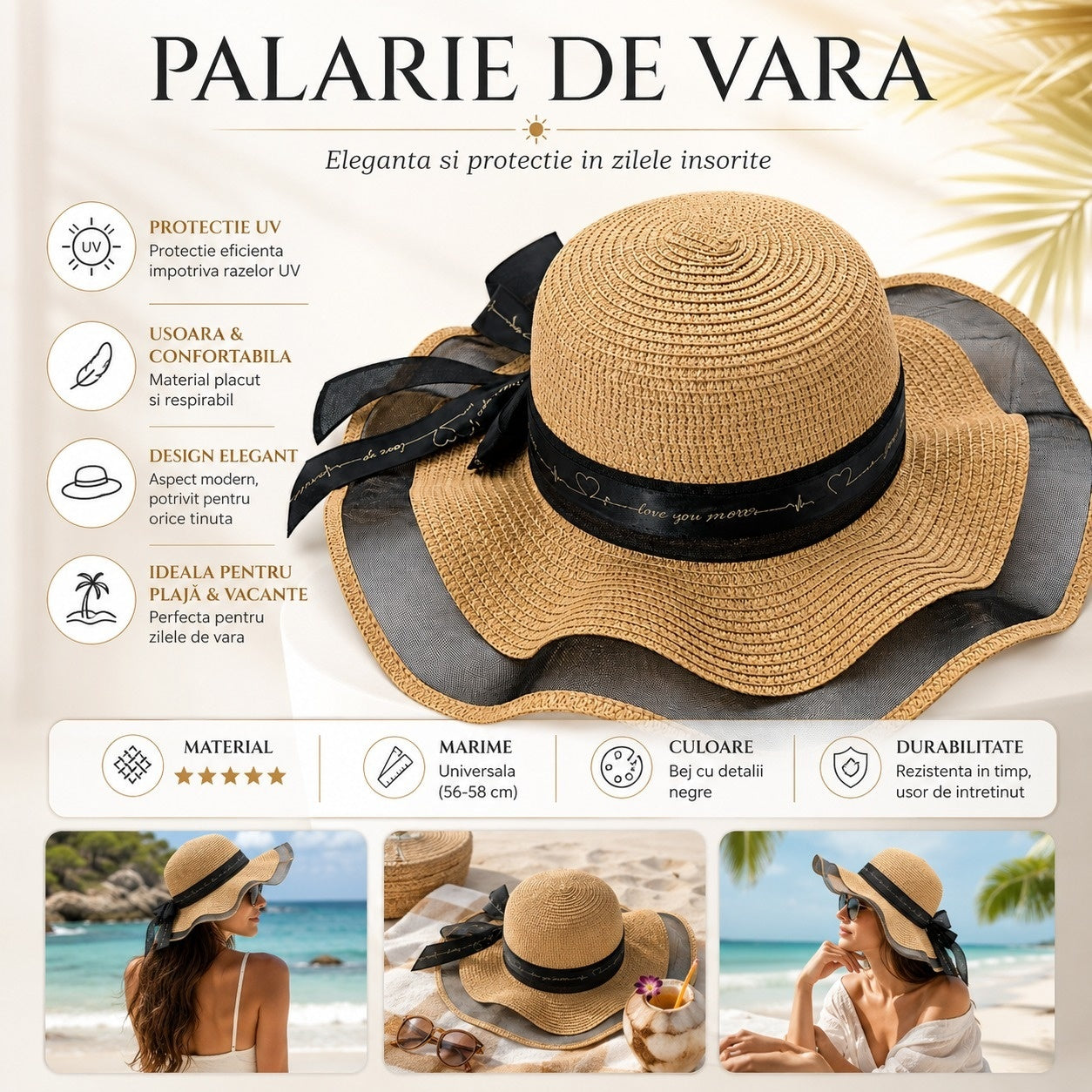 Palarie de Vara Eleganta pentru Femei, Bej cu Panglica Neagra si Bor Ondulat