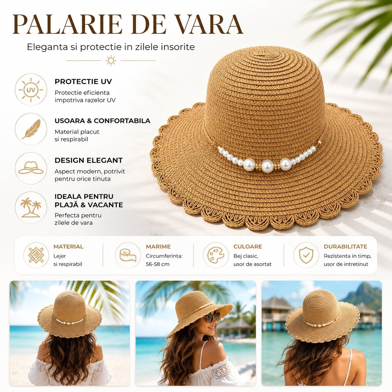 Palarie de Vara Eleganta pentru Femei, Bej cu Perlute Decorative si Bor Decupat