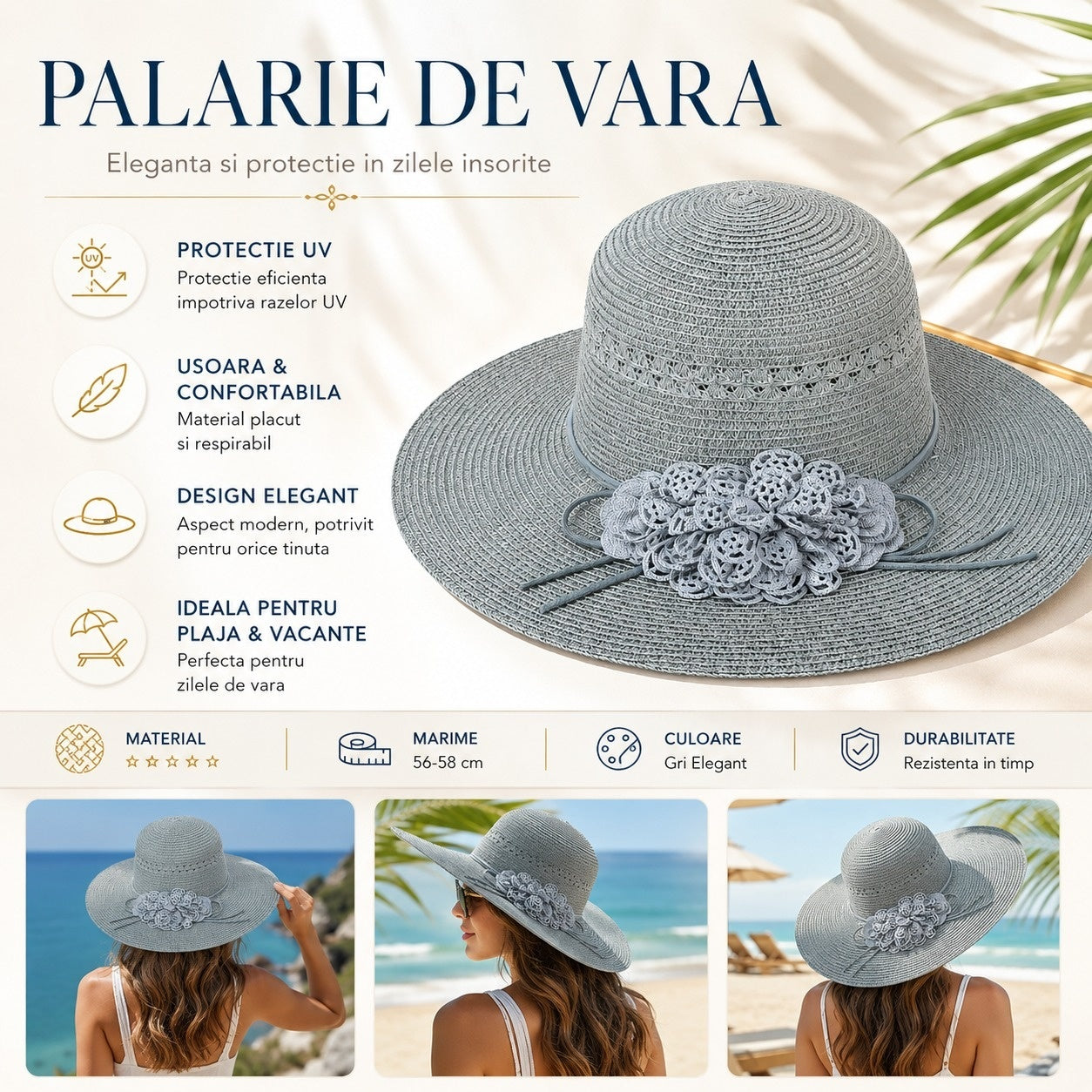 Palarie de Vara Eleganta pentru Femei, Gri Deschis cu Flori Decorative si Bor Lat