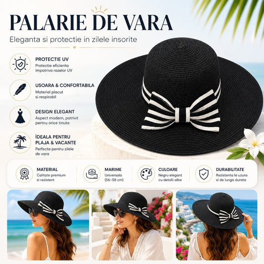 Palarie de Vara Eleganta pentru Femei, Neagra cu Fundita Contrastanta si Bor Lat